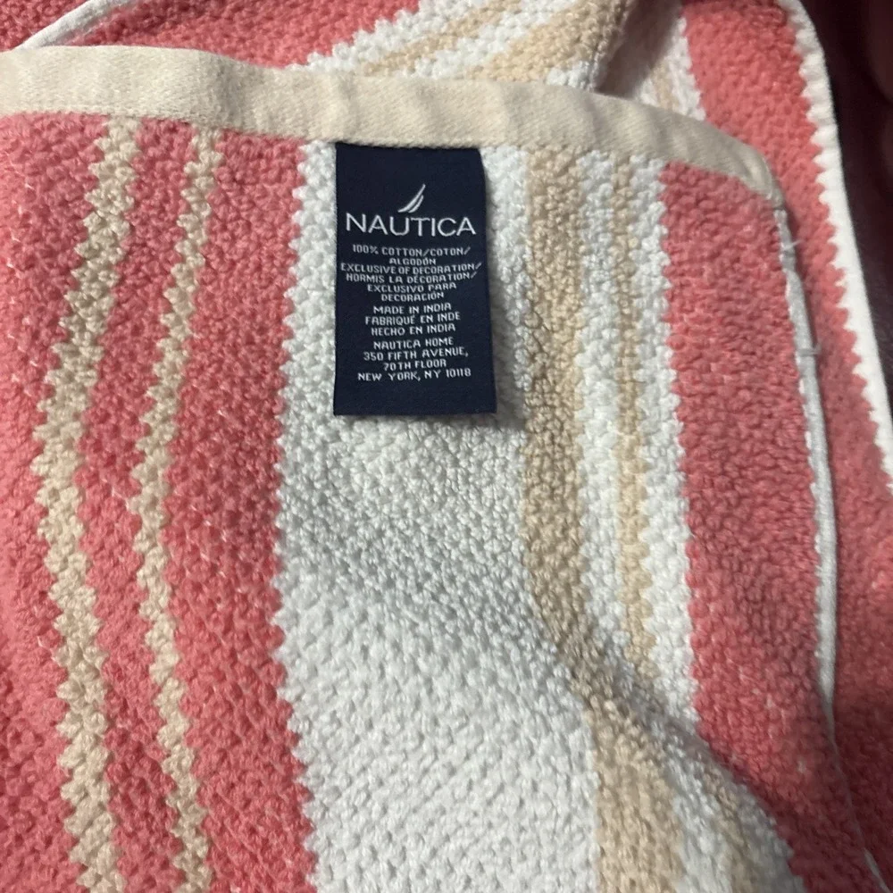 NAUTICA LAKEVIEW CORAL & TAN WHITE STRIPE 4 Piece HAND Cloth & Bath Beach Towel